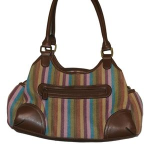 Striped Shoulder Bag, Canvas and Faux Leather